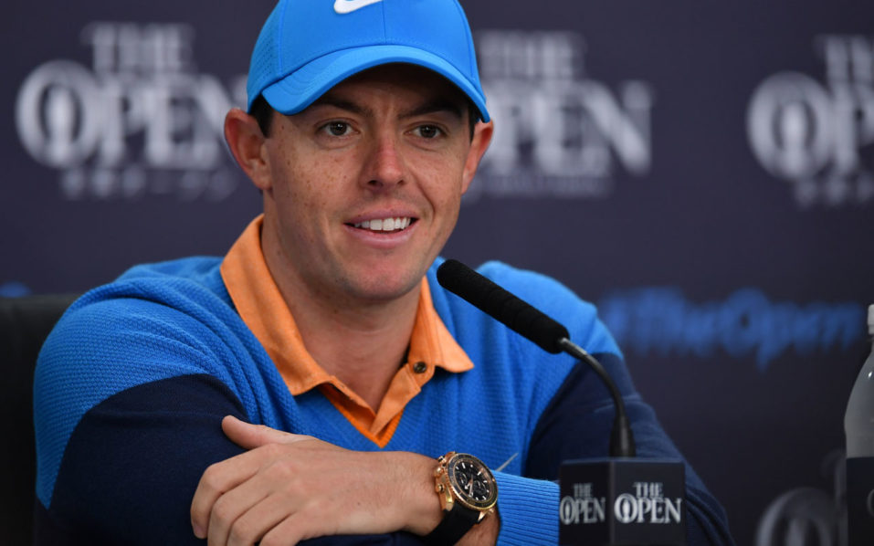 Northern Ireland's Rory McIlroy speaks to members of the media at a press conference on July 12, 2016, ahead of the 2016 British Open Golf Championship at Royal Troon in Scotland. The 2016 British Open begins on July 14, 2016. The British Open returns to Royal Troon on Scotland's west coast this week with Rory McIlroy back in the field having been unable to defend the Claret Jug a year ago due to injury. / AFP PHOTO / Ben STANSALL / 