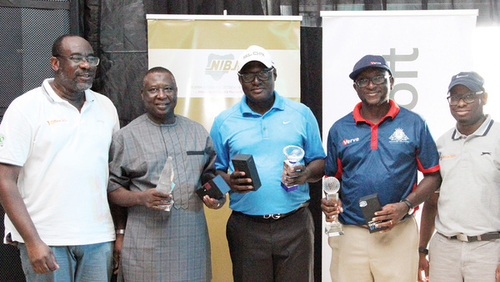 M.D, Nigerian Interbank Settlement System plc, Ade Sonubi (left), second runner up, Haruna Mamudu, overall winner, Niyi Falade, runner up, Akeem Lawal and Director, Microsoft, Wale Olokodana, at the end of the NIBBS/Microsoft tourney held at the Lakowe Lakes Golf Club… recently.